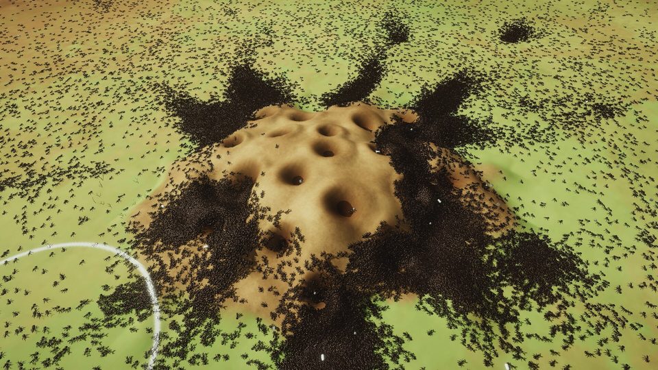 Ant Mill Inc gameplay: thousands of ants swarming over the nest